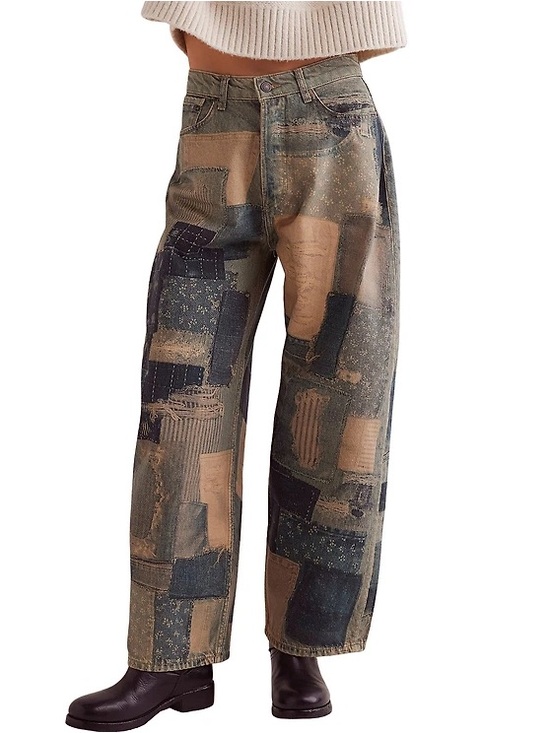 Free People Denim - Free People Patchwork Straight-Leg Jeans in Olive, Tan, Navy